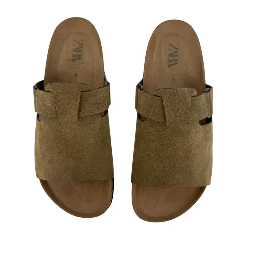 Zara Women's Brown Suede Cork Flat Slide Sandals Size EUR 40 (US 9) Boho Hippie - Picture 1 of 12